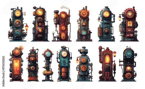 Cartoon steampunk complex machines. Boilers pipes coal furnaces lamplighters, geared combustion chambers retro steam engines vintage fantasy mechanisms, isolated vector illustrations set
