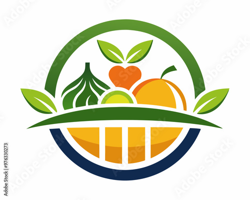 A woven basket overflowing with a variety of fresh fruits and vegetables A logo for a local food pantry that features a stylized fruit basket on white background