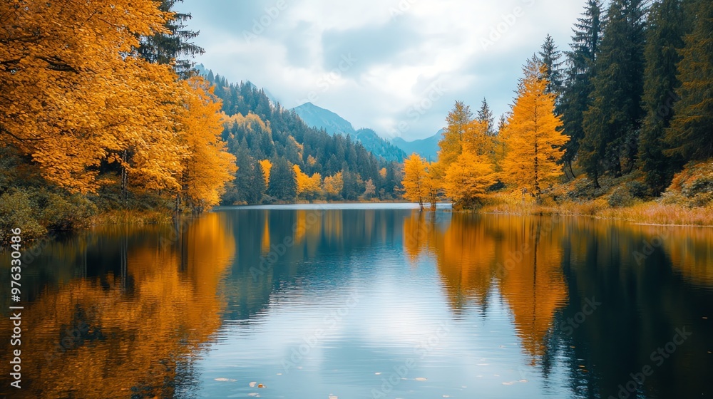 Obraz premium A tranquil lake with golden fall foliage reflected in the water.