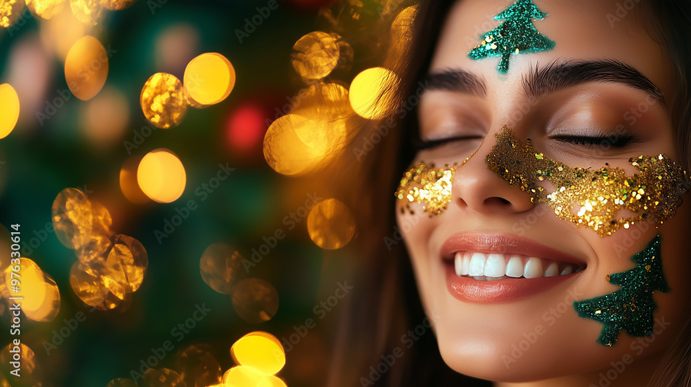 Christmas smiling Indian woman with painted golden and green Christmas tree on face, festive background Christmas smiling Indian woman with painted golden and green Christmas tree on face, festive background