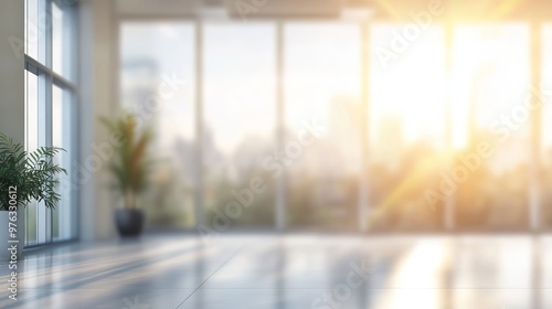 Blurred background of a modern lightfilled office interior featuring panoramic windows and beautiful lighting