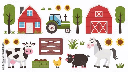 Fototapeta Naklejka Na Ścianę i Meble -  Cartoon farm icon set houses tractor animals trees isolated illustration on white background illustration