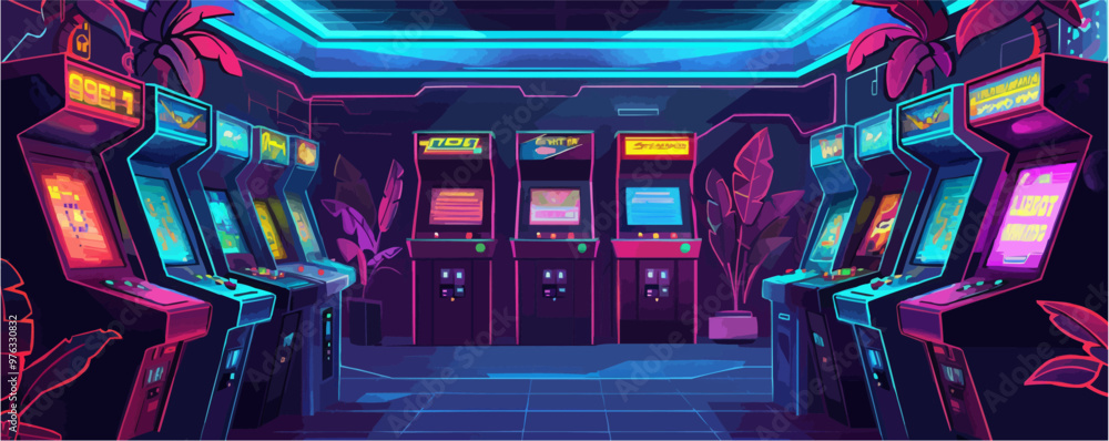 custom made wallpaper toronto digital80s arcade, classic video game machines and neon colors, retro gaming, neon style, vector illustration, flat style.