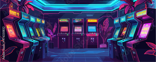 80s arcade, classic video game machines and neon colors, retro gaming, neon style, vector illustration, flat style.
