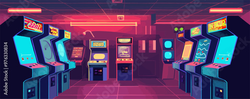 80s arcade, classic video game machines and neon colors, retro gaming, neon style, vector illustration, flat style.