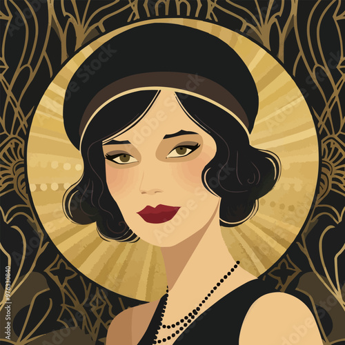 1920s flapper style portrait with glamorous outfits and retro vibes, flat portrait, vector illustration.