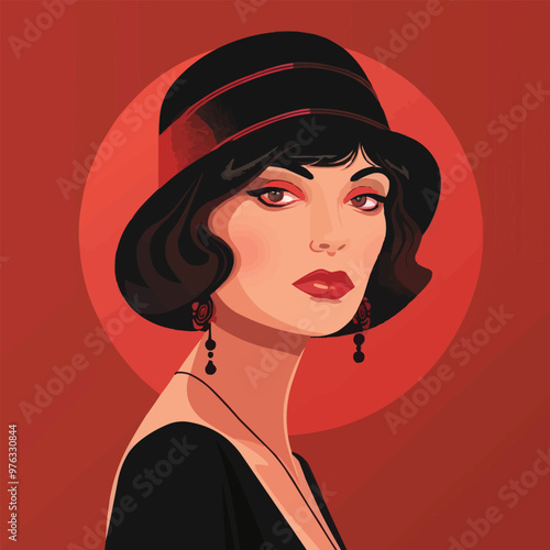 1920s flapper style portrait with glamorous outfits and retro vibes, flat portrait, vector illustration.