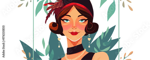 1920s flapper style portrait with glamorous outfits and retro vibes, flat portrait, vector illustration.