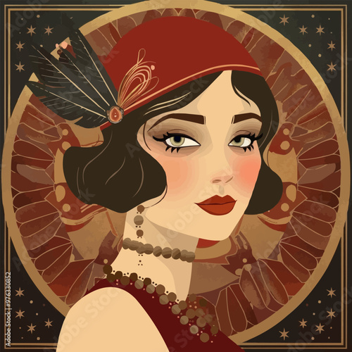 1920s flapper style portrait with glamorous outfits and retro vibes, flat portrait, vector illustration.
