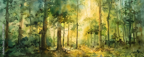 A watercolor painting of a tranquil forest scene with sunlight filtering through the trees.