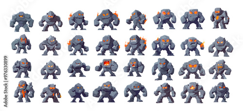 Cartoon stone lava golem character. Fantasy living boulder funny magma giant angry monster, flaming rock big fist strong with fire eyes magic creature, isolated vector set on white background