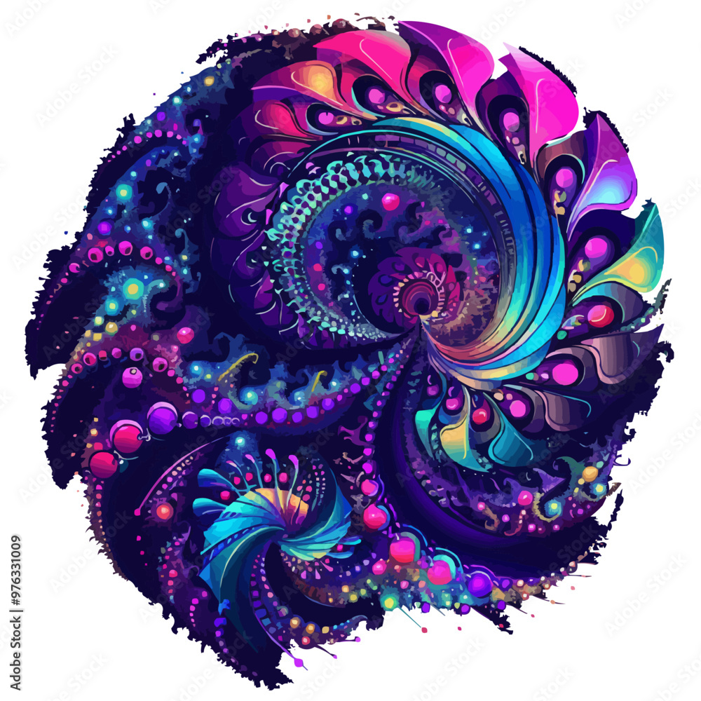 Abstract fractal design with swirling patterns and vibrant colors, mesmerizing and intricate, vector illustration for t-shirt, flat style. Abstract fractal design with swirling patterns and vibrant colors, mesmerizing and intricate, vector illustration for t-shirt, flat style.