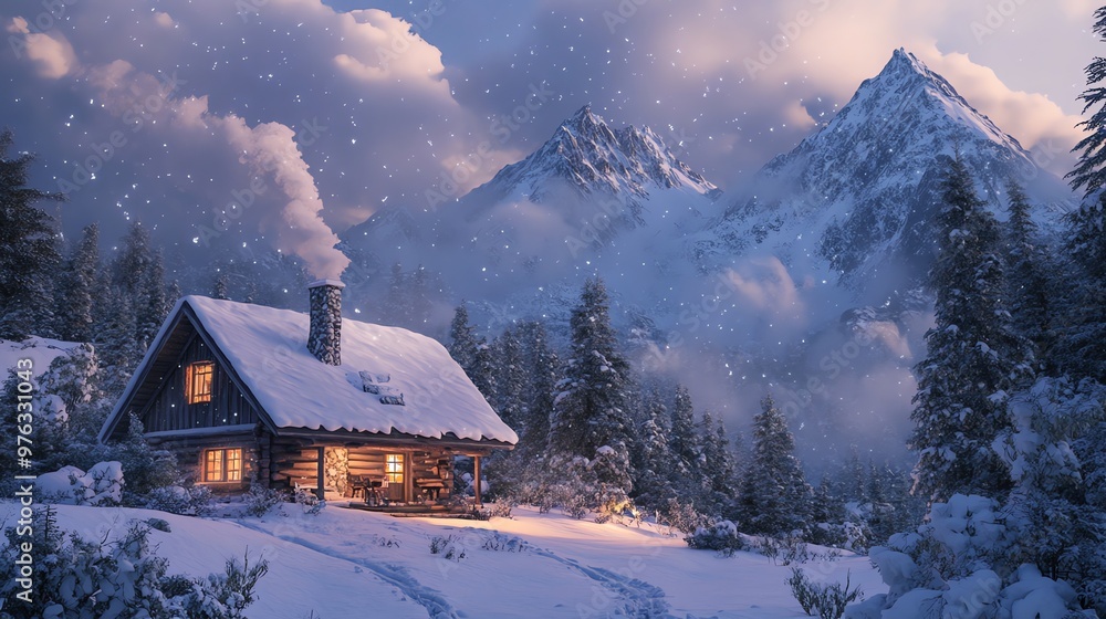 A cozy wooden cabin sits in a snowy mountain forest with a warm glow from inside. A cozy wooden cabin sits in a snowy mountain forest with a warm glow from inside.