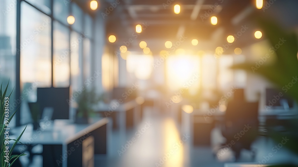 Blurred background of a modern lightfilled office interior featuring panoramic windows and beautiful lighting Blurred background of a modern lightfilled office interior featuring panoramic windows and beautiful lighting