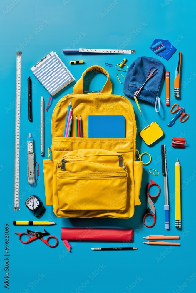 sharp flat lay of a brightly colored yellow backpack overflowing with essential school sharp flat lay of a brightly colored yellow backpack overflowing with essential school