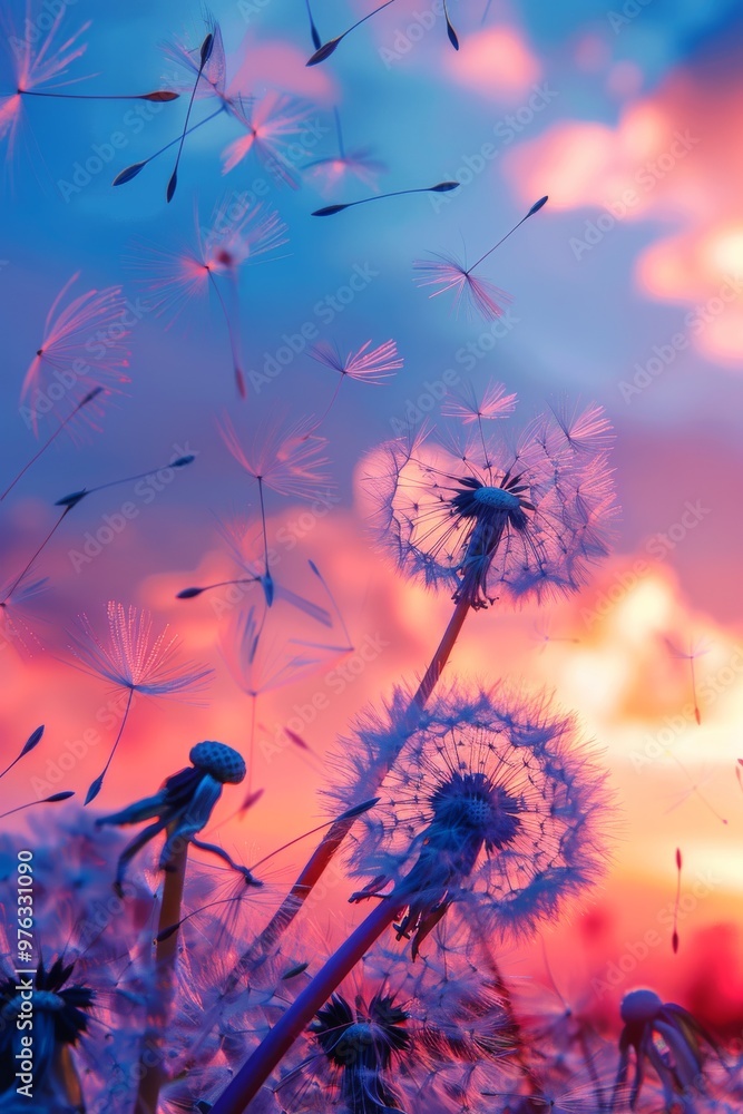 sharp panoramic photo of a dandelion swaying in the wind against a vibrant sunset sky, capturing sharp panoramic photo of a dandelion swaying in the wind against a vibrant sunset sky, capturing