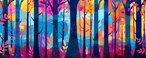 Abstract forest with stylized trees and vibrant hues, modern nature art, vector illustration for t-shirt, flat style.