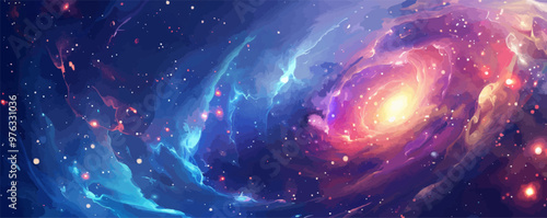 Abstract galaxy with swirling stars and vibrant colors, cosmic wonder, vector illustration for t-shirt, flat style.