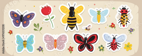 Adorable insect stickers set with butterflies, bees, and ladybugs, perfect for bug-themed projects and nature journals, flat stickers set, vector illustration.