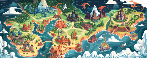 Adventure map poster, detailed fantasy world map with mythical creatures and landmarks, for RPG fans, flat, vector illustration.