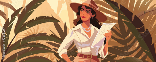 Adventurous pin-up archaeologist in a safari outfit, holding a map, flat, vector illustration, pin-up style.