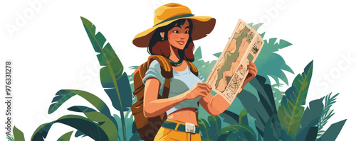Adventurous pin-up archaeologist in a safari outfit, holding a map, flat, vector illustration, pin-up style.