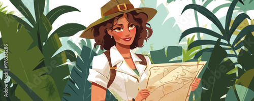 Adventurous pin-up archaeologist in a safari outfit, holding a map, flat, vector illustration, pin-up style.