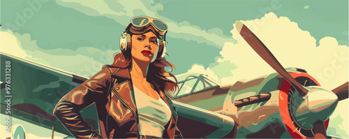 Adventurous pin-up aviator in a leather jacket and goggles, standing next to a vintage airplane, flat, vector illustration, pin-up style.