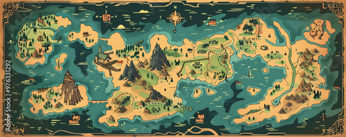 Adventure map poster, detailed fantasy world map with mythical creatures and landmarks, for RPG fans, flat, vector illustration.