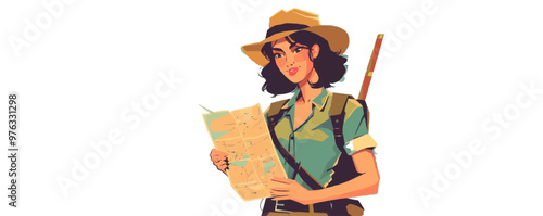 Adventurous pin-up archaeologist in a safari outfit, holding a map, flat, vector illustration, pin-up style.