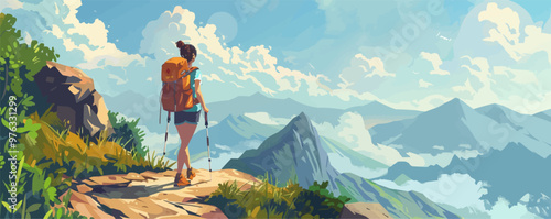 Adventurous pin-up hiker with a backpack, standing on a scenic mountain trail, flat, vector illustration, pin-up style.