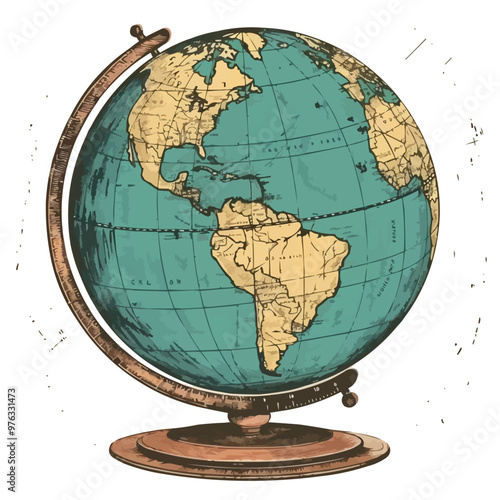 Antique globe with detailed continents and oceans, perfect for travel-themed designs, flat, vector illustration, Vintage hand drawn.