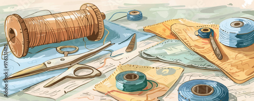 Antique sewing kit with scissors, thread, and fabric swatches, perfect for craft themes, flat, vector illustration, vintage hand drawn.