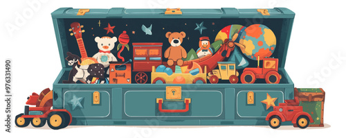 Antique toy chest overflowing with classic toys and games, perfect for children's themes, flat, vector illustration, vintage hand drawn.