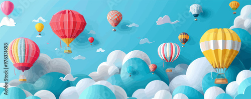 Artistic hot air balloon festival with colorful balloons and clouds, sky celebration, vector illustration for t-shirt, flat style.