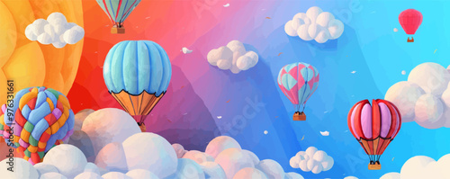 Artistic hot air balloon festival with colorful balloons and clouds, sky celebration, vector illustration for t-shirt, flat style.