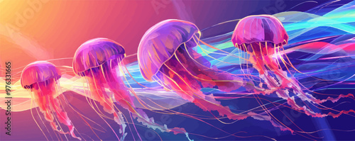 Artistic jellyfish with flowing tentacles and vibrant hues, underwater elegance, vector illustration for t-shirt, flat style.