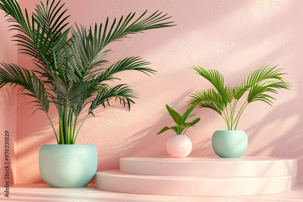 Lush Greenery in Stylish Pots Against a Soft Pink Background Lush Greenery in Stylish Pots Against a Soft Pink Background