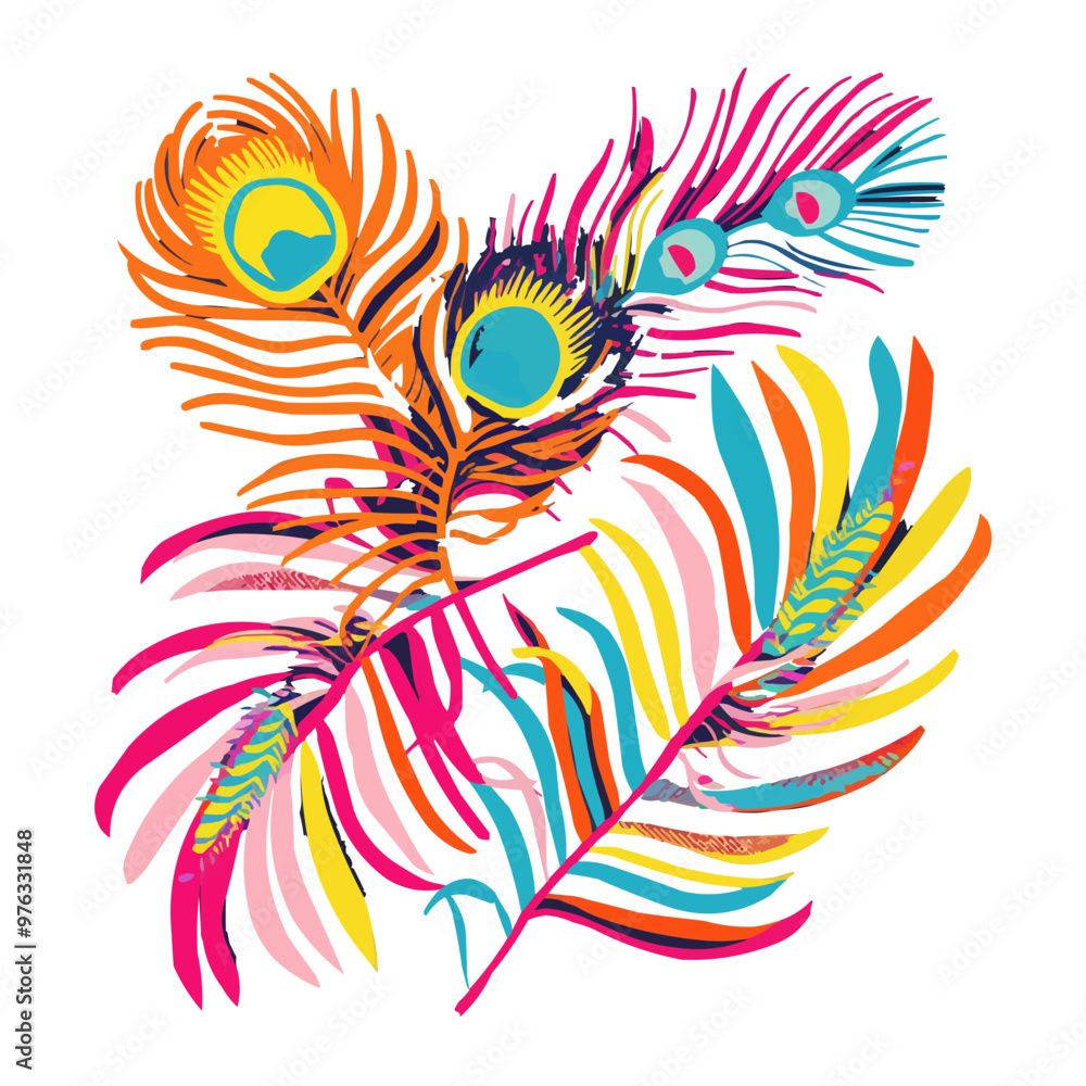 Abstract peacock feathers with bold patterns and bright hues, exotic beauty, vector illustration for t-shirt, flat style. Abstract peacock feathers with bold patterns and bright hues, exotic beauty, vector illustration for t-shirt, flat style.