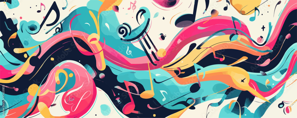 Obraz premium Abstract music poster, vibrant musical notes and instruments with dynamic energy, perfect for music lovers, flat, vector illustration.