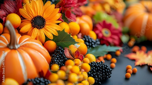 Autumn Harvest Pumpkins Sunflowers and Berries