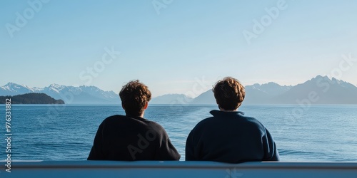 Two individuals are seated on a boat, looking out at a serene expanse of water with majestic mountain views in the background, capturing a tranquil moment of reflection. photo