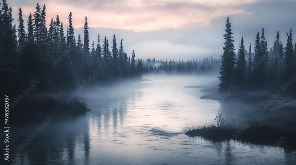 A misty river flows through a forest at dawn. A misty river flows through a forest at dawn.