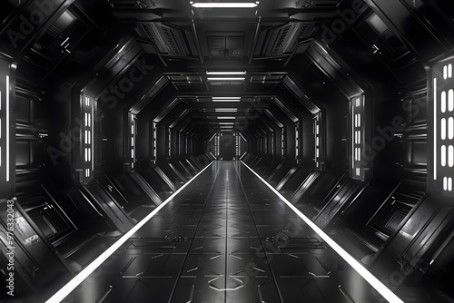 Fototapeta Naklejka Na Ścianę i Meble -  Futuristic Sci-Fi Corridor with Sleek Black Walls and Bright Lighting