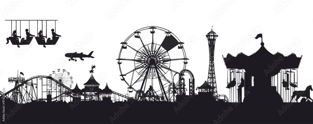 Fototapeta premium Carnival rides, Ferris wheels, carousels, and roller coasters, amusement park silhouettes, black silhouette, vector illustration, flat style.