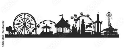 Carnival rides, Ferris wheels, carousels, and roller coasters, amusement park silhouettes, black silhouette, vector illustration, flat style.