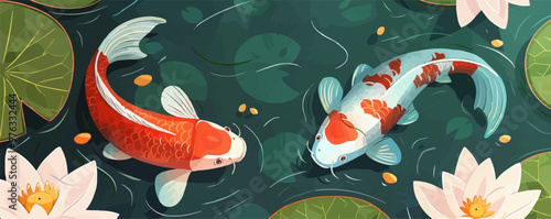 Artistic koi fish swimming in a pond with lotus flowers, serene and graceful, vector illustration for t-shirt, flat style.