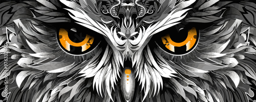Artistic owl with large eyes and intricate feather patterns, wise and mystical, vector illustration for t-shirt, flat style.