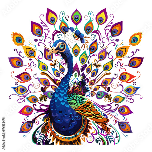 Artistic peacock with elaborate feathers and vibrant hues, exotic elegance, vector illustration for t-shirt, flat style.