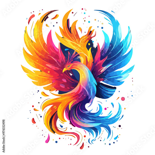 Artistic phoenix rising from flames with vibrant feathers, mythical rebirth, vector illustration for t-shirt, flat style.